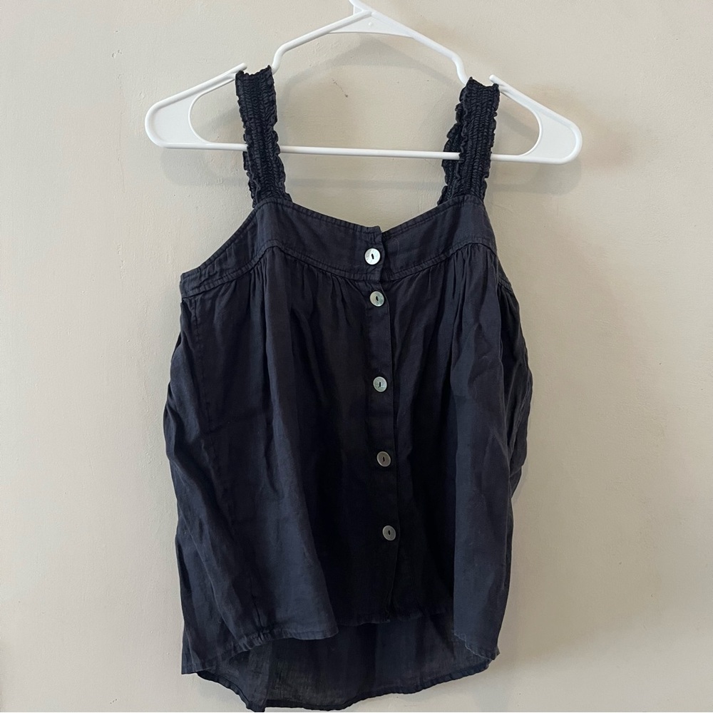 Cynthia Rowley navy blue linen tank with buttons down the back